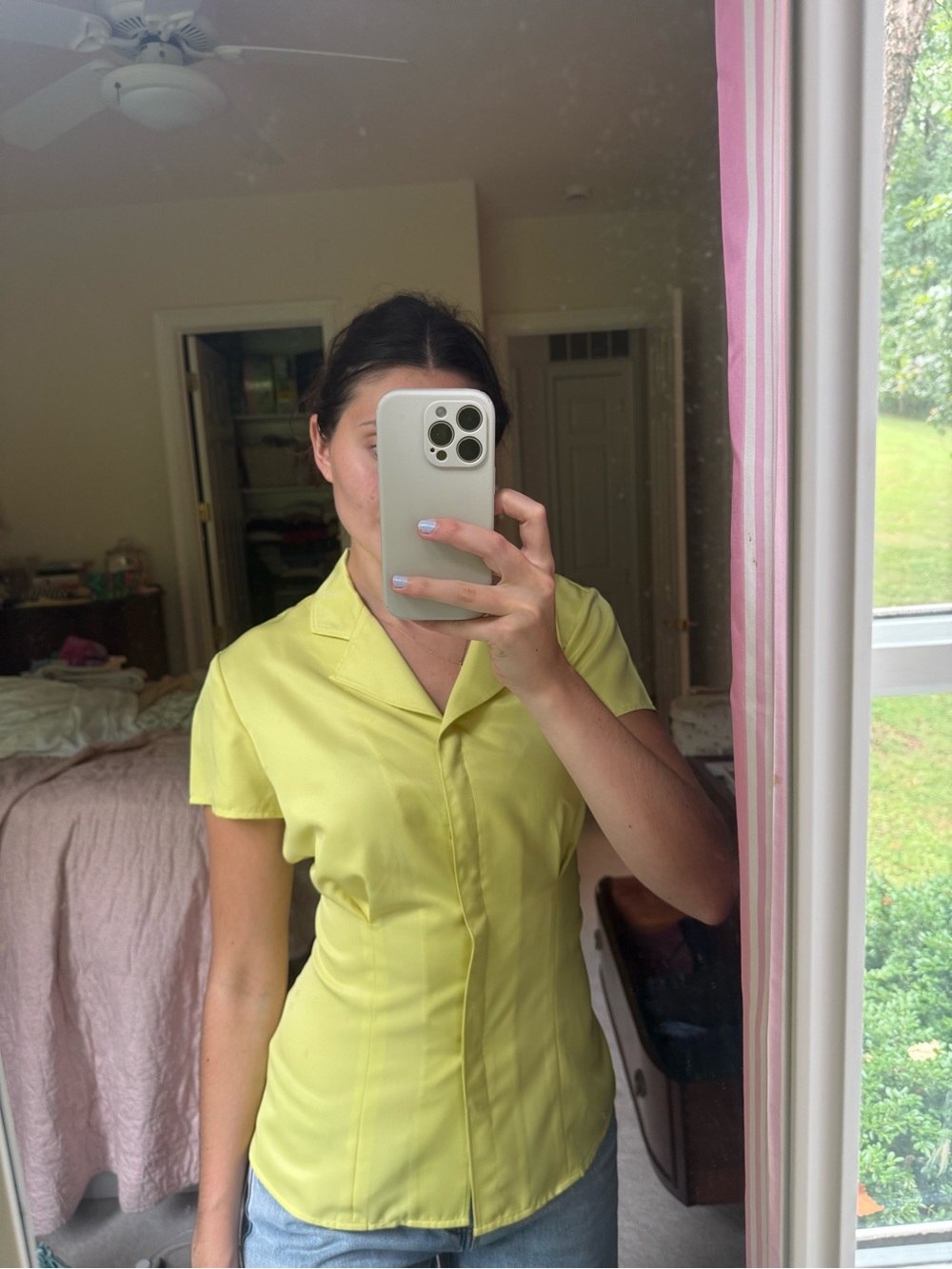 Jones New York Yellow Short-Sleeve Button-Front Top with Tie Back